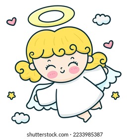 Christmas angel fly on sky fairy princess baby character. X mas card (happy new year kids) kawaii vector for fairy tale book. Perfect make a wish for celebration party children, princess party.