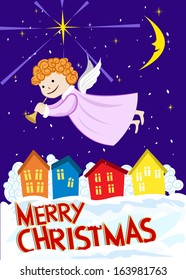 Christmas angel flying over the city.  Vector illustration