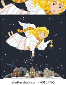Christmas angel flying over a night city with a magic gold hand bell