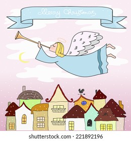 Christmas angel flying over a winter city. Hand drawn vector illustration.