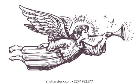 Christmas Angel flying and trumpet on pipe. Religious holiday. Hand drawn vector illustration in vintage engraving style