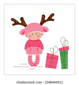 A Christmas angel girl in funny  bright moose costume  The girl in pink  New Year's gifts  Flat simple vector illustration isolated white background 