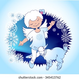 Christmas angel with a goatling, greeting card