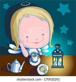 Christmas angel with golden hair drinks tea with lemon and looks at the lamp.