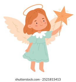 Christmas angel holding a star on a white background.Cute angel holding Christmas star in hand.Christmas concept.