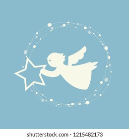 Christmas angel holding a star in a wreath. Blue background