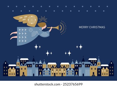Christmas Angel with Horn Flying Above Night City, Christmas Angel Blowing Trumpet 