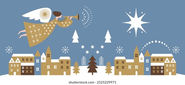 Christmas Angel with Horn Flying Above Night City, Christmas Angel Blowing Trumpet . Horizontal banner