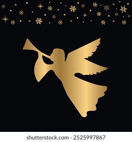 Christmas Angel Icon. Gold Angel Symbols isolated on Black. Angel Trumpets.Angel Silhouette .vector