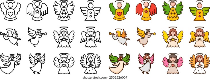 Christmas angel icon set. Perfect for holiday designs, greeting cards, and decorations. This collection combines religious and fantasy themes with a cute, flat graphic style.