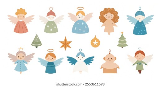 Christmas angel icon set. Perfect for holiday designs, greeting cards, and decorations. This collection combines religious and fantasy themes with a cute, flat graphic style.Isolated on white backgrou