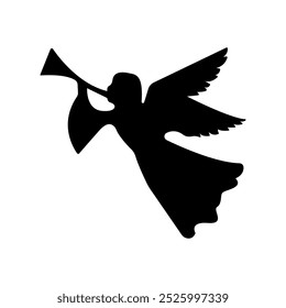 Icono del ángel de la Navidad. Navidades y símbolos religiosos aislados en blanco. Trompetas de ángel. Silueta de ángel. Vector