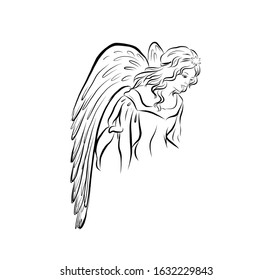 Christmas angel line drawing, graphic religion icon, human with wings, black and white texture for card, banner or poster design, print for decor paper or clothes. 