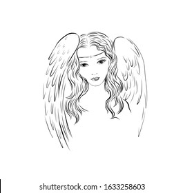 Christmas angel line drawing, graphic religion icon, human with wings, black and white texture for card, banner or poster design, print for decor paper or clothes. 