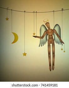 Christmas angel looks like wooden marionette and hanging between the stars, holiday dolls theater, place on the heavens concept,  star keeper, vector