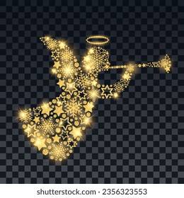 Christmas angel made of golden snowflakes and stars on a transparent background. Winter design vector illustration.