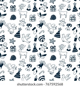 Christmas angel, mistletoe, gingerbread man, spruce holiday attributes. Seamless Pattern.