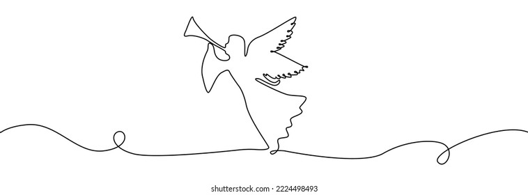 Christmas angel one line .Christmas and religion symbols isolated on white. Angel trumpets continuous line.Angel silhouette .