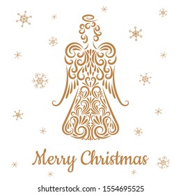 Christmas angel from ornament elements. Line drawing. Silhouette. Golden color. Isolated object on a white background. Snowflakes. Merry Christmas inscription. Greeting card, poster, banner. Holiday.