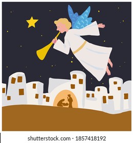 Ángel de Navidad sobre Belén. Estúpido Belén completo. Escena de navidad de la familia santa. La glorificación de Jesucristo la noche anterior a Navidad. Vector gráfico vectorial aislado