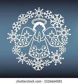 Christmas angel patterns in a snowy wreath for laser cutting. New year stencil for window decoration. Paper cut template for scrapbooking.Vector paper illustration.