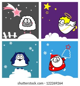 Christmas angel, penguin, sheep, Santa Claus.