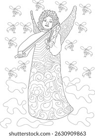 Christmas Angel Playing Music Line Art, Outline illustration of a Christmas angel playing a violin, surrounded by ornate holiday decorations. Perfect for coloring books, greeting cards, or festive