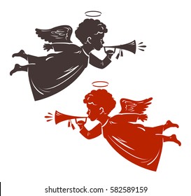 Christmas Angel plays the trumpet. Silhouette, vector illustration