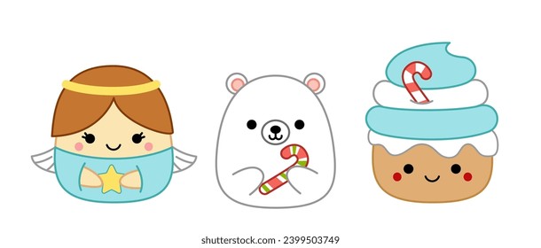 Christmas angel, polar bear, cupcake. Squishmallow.  Pillow. Kawaii, cartoon. Isolated vector illustration eps 10