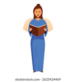 Christmas angel reading from a book wearing a blue dress