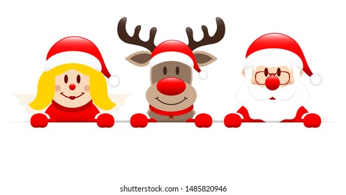 Christmas Angel Reindeer And Santa Holding Horizontal Banner