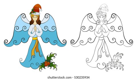Christmas angel in Santa Claus hat with mistletoe set. Abstract vector isolated illustration. Hand-drawn collection. Black and multicolored objects. Adult coloring book. Eps 8.