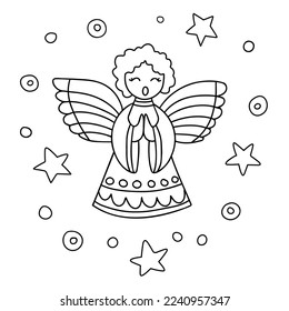 Christmas angel singing. Merry Christmas card. Hand drawn illustration. Vector