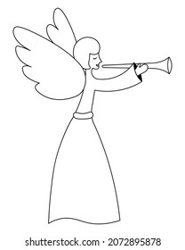 Christmas angel. Sketch. A cute angel blows the trumpet. Vector illustration. Coloring book for children. Fairy with wings. The girl holds a musical instrument in her hands. Idea for web design.