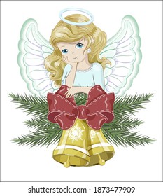 Christmas angel and spruce branches, with golden bells with red bow, new year symbol, picture in hand drawing cartoon style, for greeting card, postcard. baby shower. party invitation