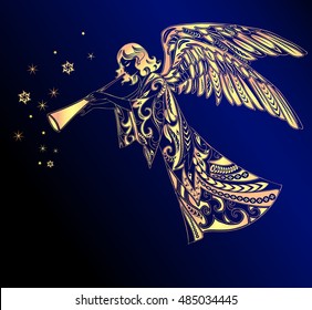 Christmas Angel with stars on the background of sky.