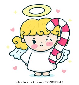 Christmas angel and sweet candy vector fairy princess baby character. X mas card (happy new year kids) kawaii vector for fairy tale book. Perfect make a wish for celebration party children, princess .