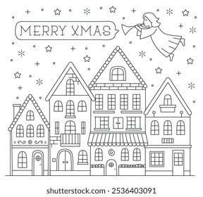 Christmas angel and town vector line drawing illustration