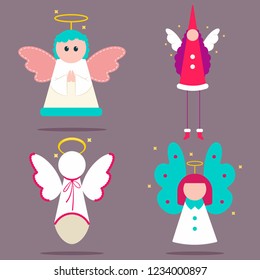 Christmas angel toys with wings and a halo. Vector cartoon flat holiday illustration isolated on background.