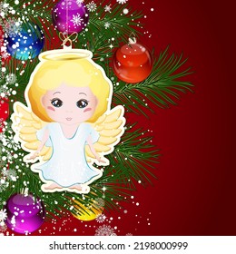 Christmas angel with Christmas tree branches decorated with glass balls and toys.