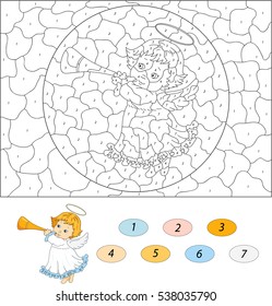 Christmas angel with a trumpet. Color by number educational game for kids. Illustration for schoolchild and preschool