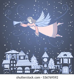 Christmas angel with a trumpet flies over the city
