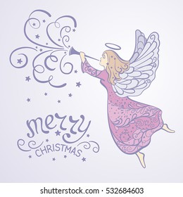 Christmas Angel with the trumpet flying in the sky - vector illustration 