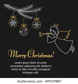 Christmas angel  with trumpet hand drawn line vector illustration.  Merry Christmas and Happy New Year greeting card with place for text.