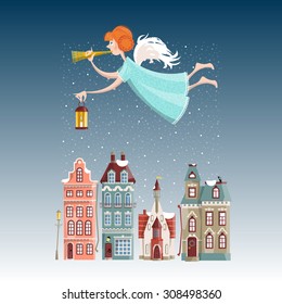 Christmas angel with trumpet and lamp flying over the winter city. Merry Christmas. Vector illustration