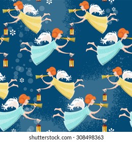 Christmas angel with trumpet and lamp flying. Merry Christmas. Seamless background pattern. Vector illustration