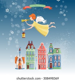 Christmas angel with trumpet and lamp flying over the winter city. Merry Christmas. Vector illustration