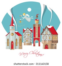 Christmas angel with trumpet and lamp flying over the winter city. Merry Christmas. Vector illustration