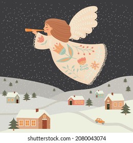 Christmas angel with a trumpet over the night city. Christmas greeting card in folk style.