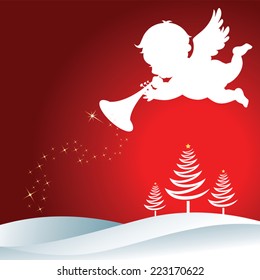 Christmas Angel with trumpet. Christmas Angel with trumpet Silhouette on Christmas background.